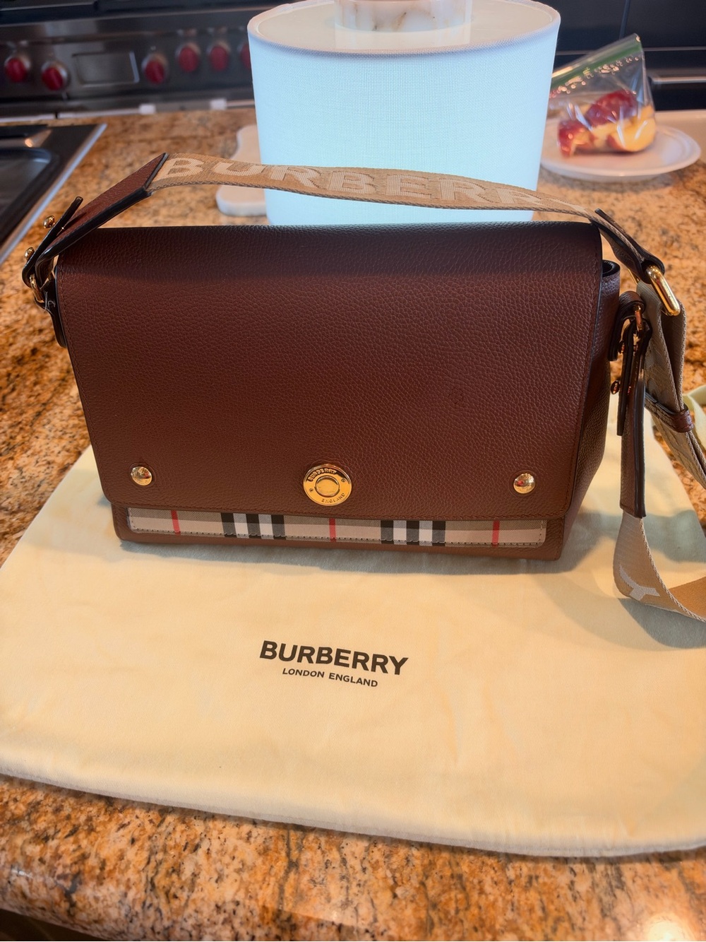 Burberry Brown Leather Crossbody with Check Accent and Logo Strap